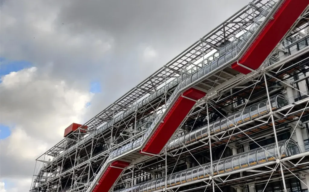 Centre Pompidou façade with its red escalator tube, Paris