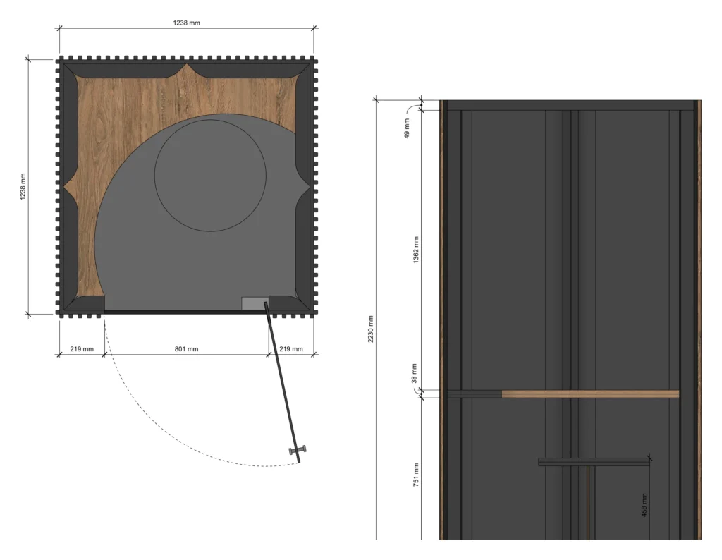 Cabine acoustique individuelle. Plan et élévation. Furniture drawing, BPI Lumière.