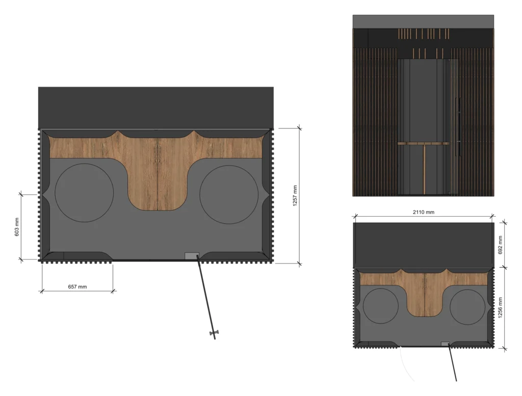 Cabine acoustique pour deux personnes. Plans et élévation. Furniture drawing, BPI Lumière.