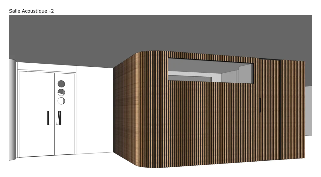 Salle acoustique avec enceinte courbe en lames. Vue. Furniture drawing, BPI Lumière.