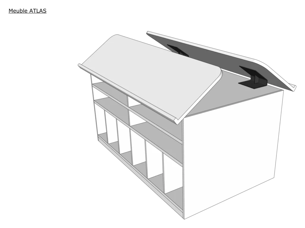 Table à atlas avec plateau incliné. Axonométrie. Furniture drawing, BPI Lumière.