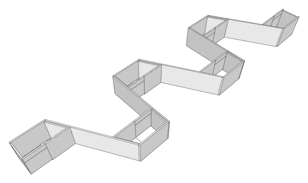 Table en zigzag pour l'espace cinéma. Axonométrie. Furniture drawing, BPI Lumière.