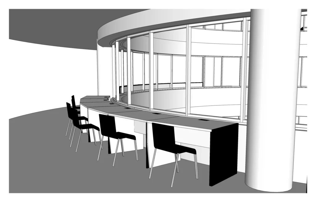 Tables de lecture autour de la cour circulaire. Perspective. Furniture drawing, BPI Lumière.