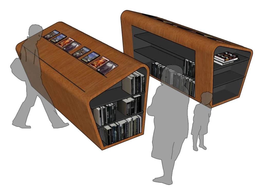Curved display and shelving units with magazines and books. Perspective. Furniture drawing, BPI Lumière.