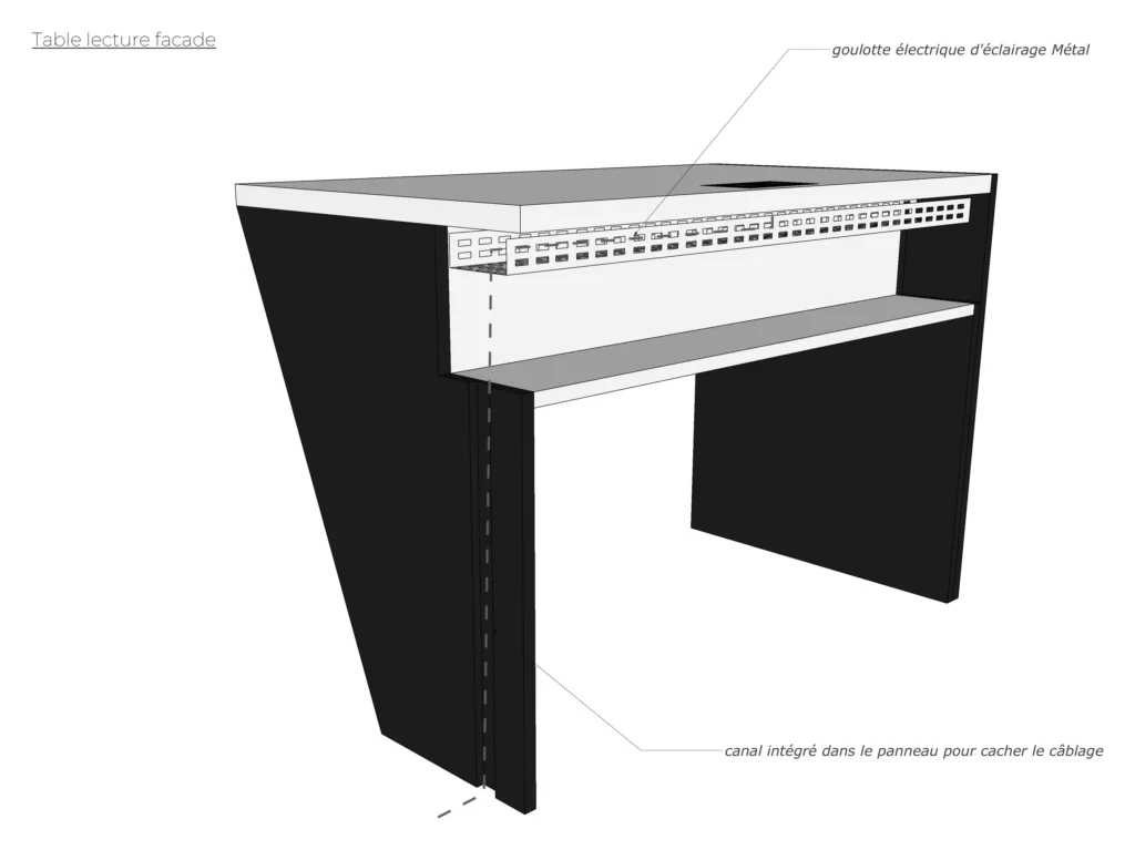 Table de lecture de façade. Détail de passage de câbles. Furniture drawing, BPI Lumière.