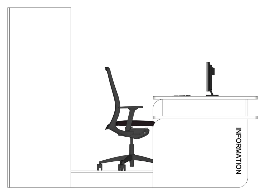 Comptoir d'information pour trois personnes avec banquette accessible. Coupe. Furniture drawing, BPI Lumière.