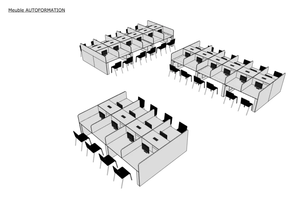 Postes d'autoformation. Axonométrie. Furniture drawing, BPI Lumière.
