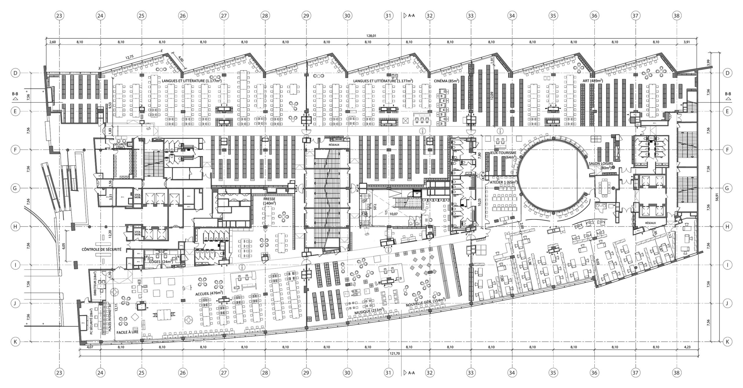 Plan d'étage niveau 2 de la bibliothèque BPI Lumière montrant l'implantation du mobilier.