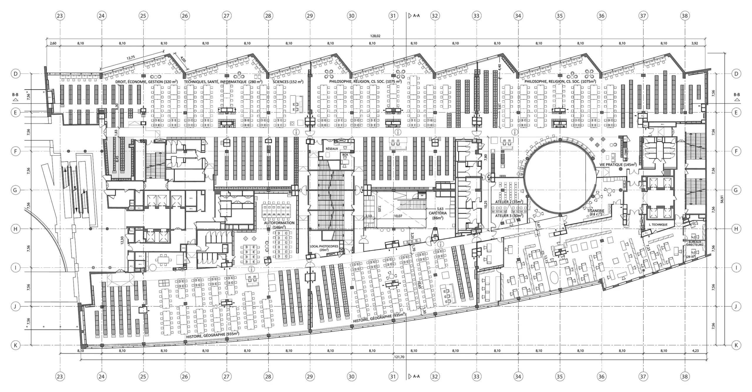 Plan d'étage niveau 3 de la bibliothèque BPI Lumière montrant l'implantation du mobilier.