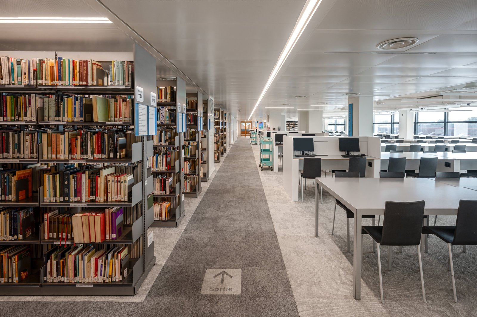 Bookshelves and study tables with computer workstations at the BPI Lumière