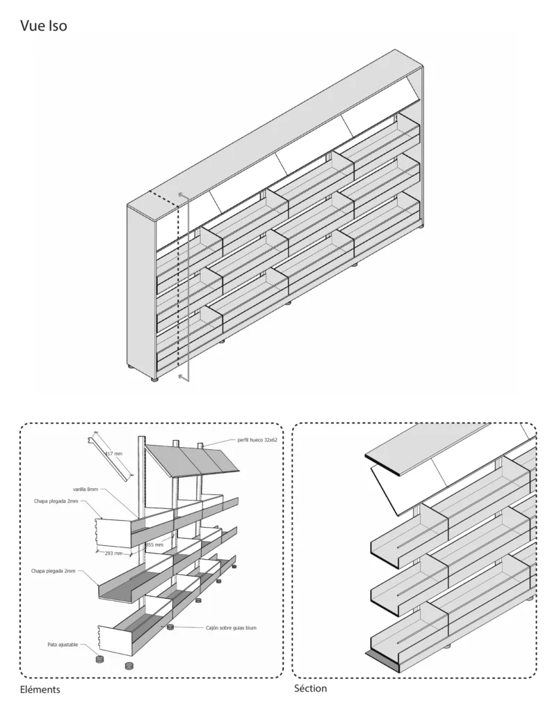 Comics shelving. Assembly views. Furniture drawing, BPI, Centre Pompidou.