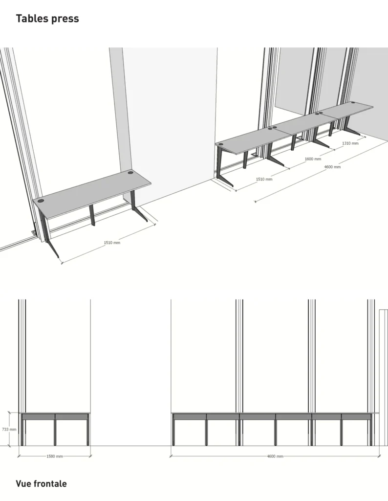 Press reading tables along the façade. View and elevation. Furniture drawing, BPI, Centre Pompidou.